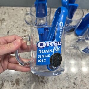 Oreo Dunking Since 1912 Clear‎ Glass Mugs with Blue Dunking Tools Set of 4
